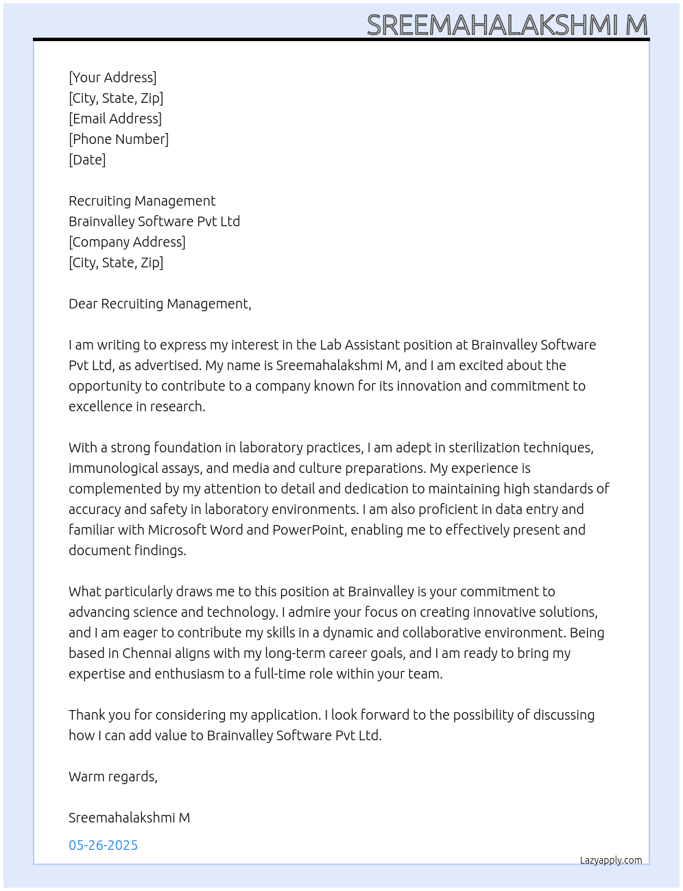Lab assistant  At Brainvalley software pvt Ltd  Cover Letter