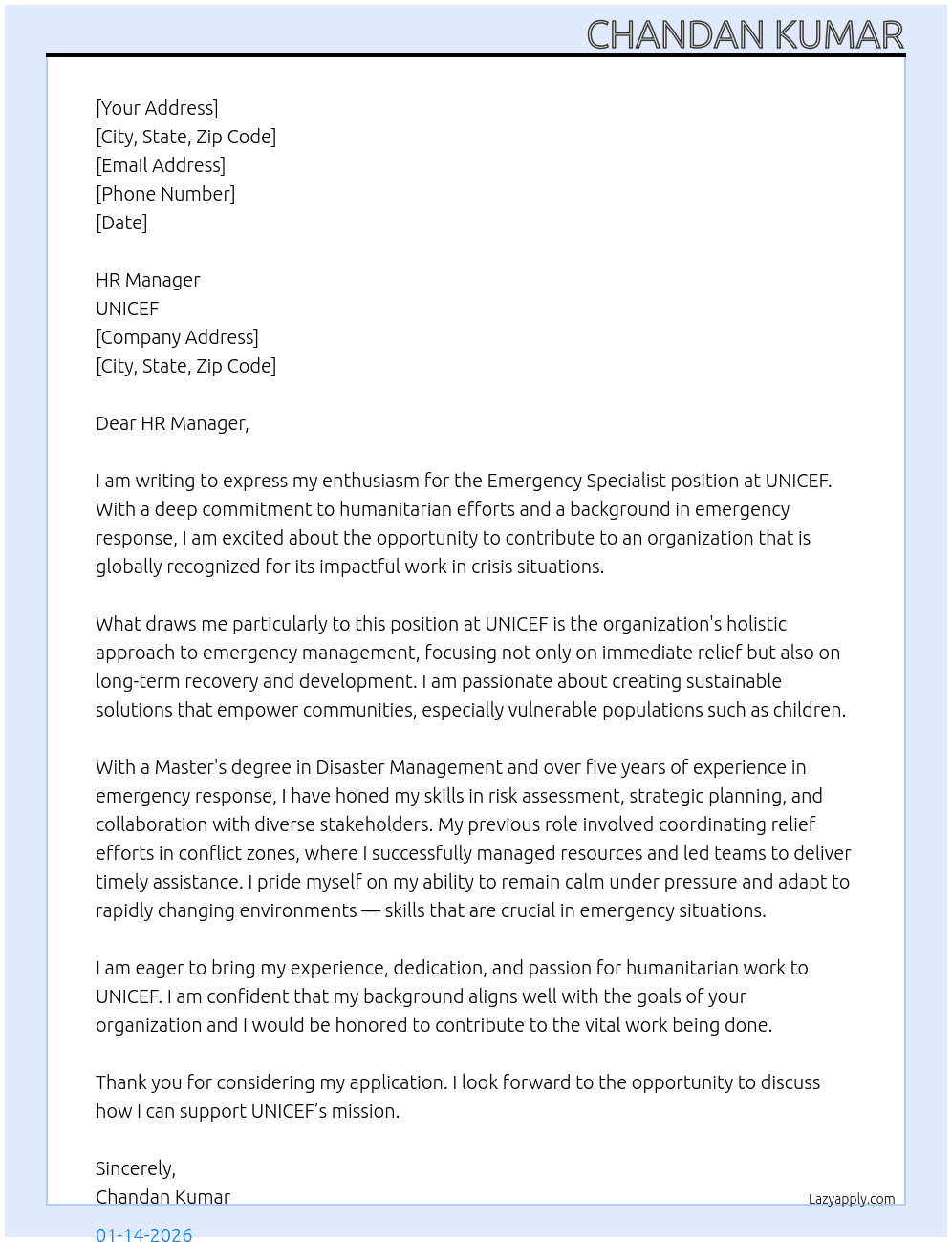 Cover letter for emergency specialist - LazyApply