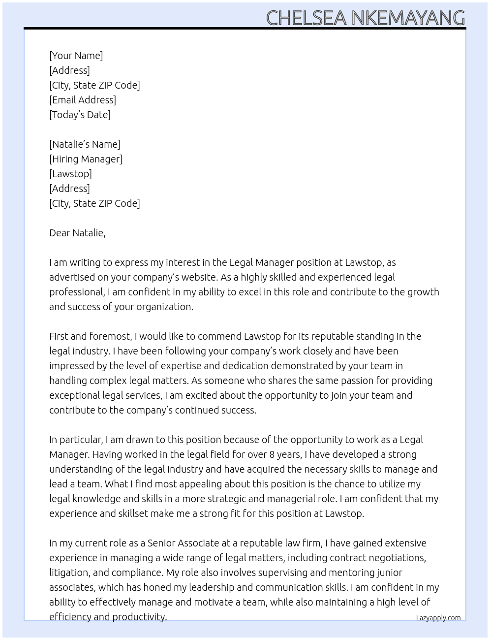 Legal Manager At Lawstop Cover Letter
