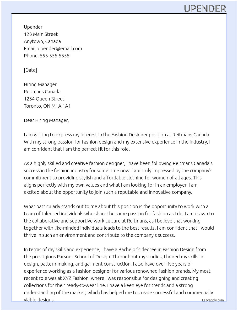 Fashion Designer At Reitmans Canada Cover Letter