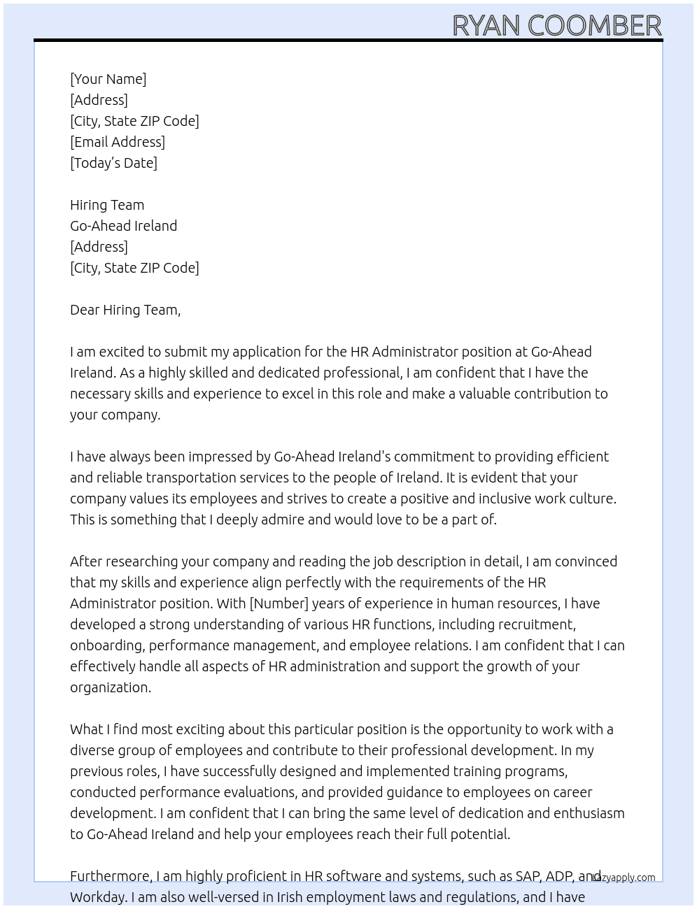 HR Administrator At Go-Ahead Ireland Cover Letter