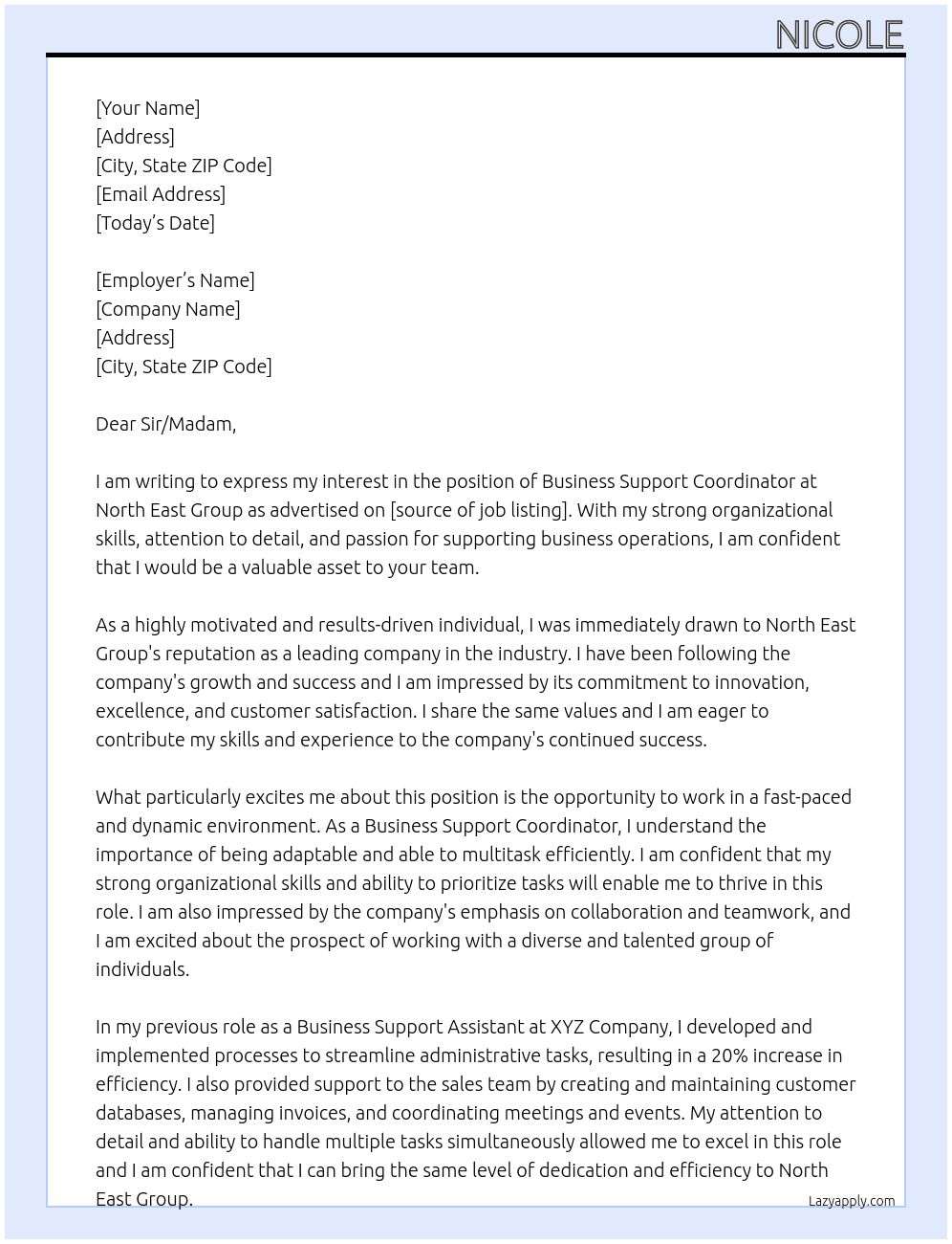 Business Support Coordinator At North East Group Cover Letter