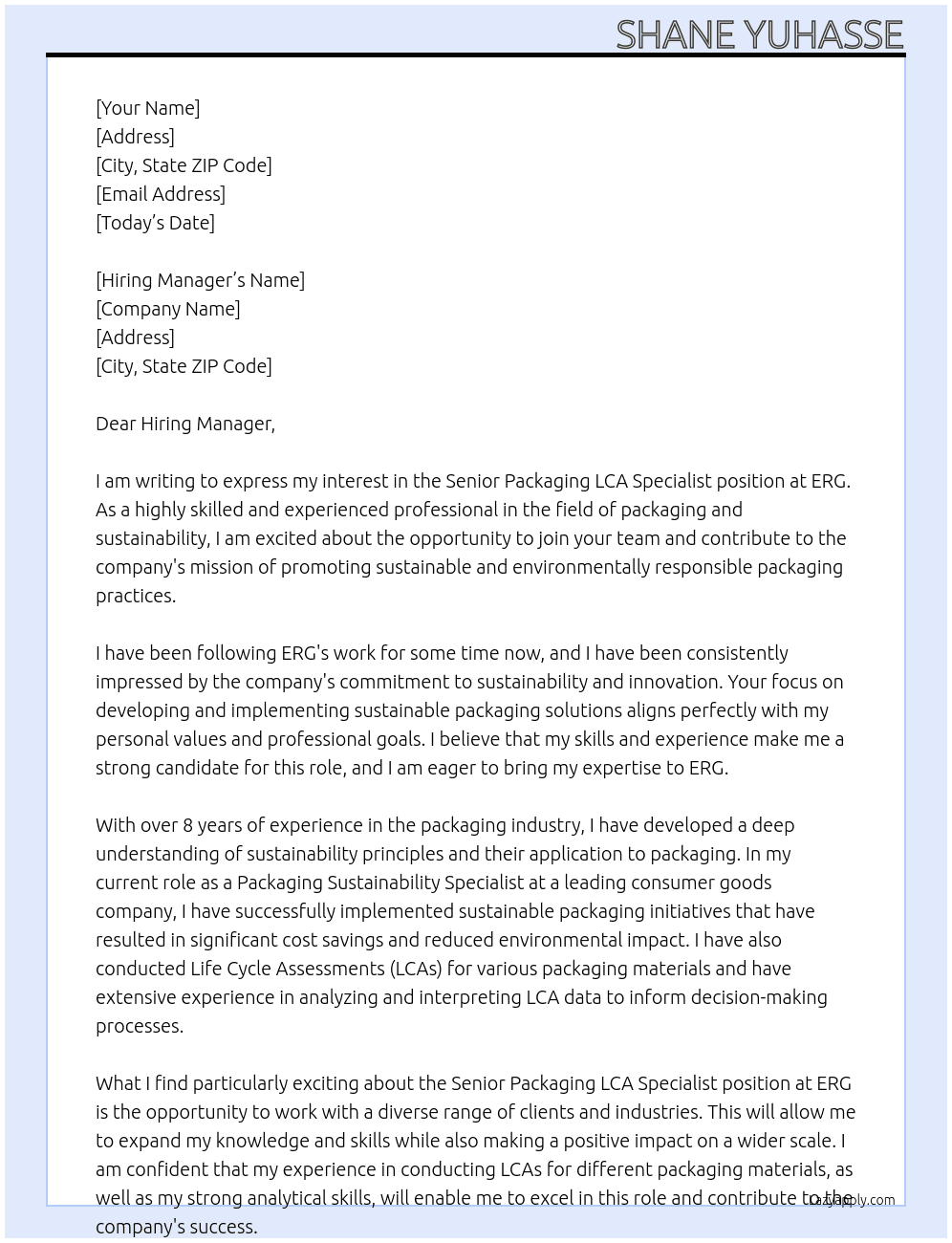 Senior Packaging LCA Specialist At ERG Cover Letter