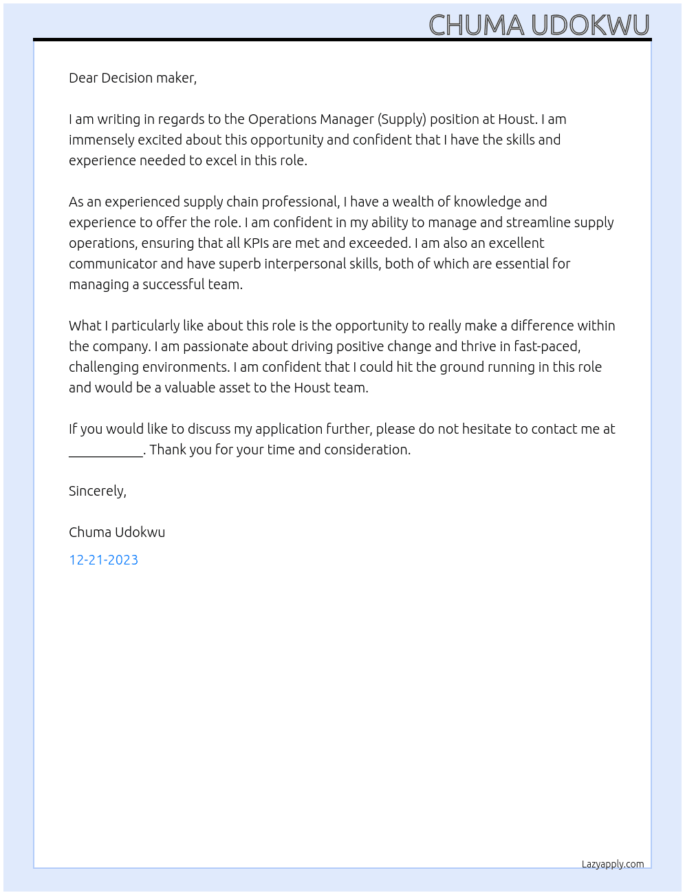 Operations Manager (Supply) At Houst Cover Letter