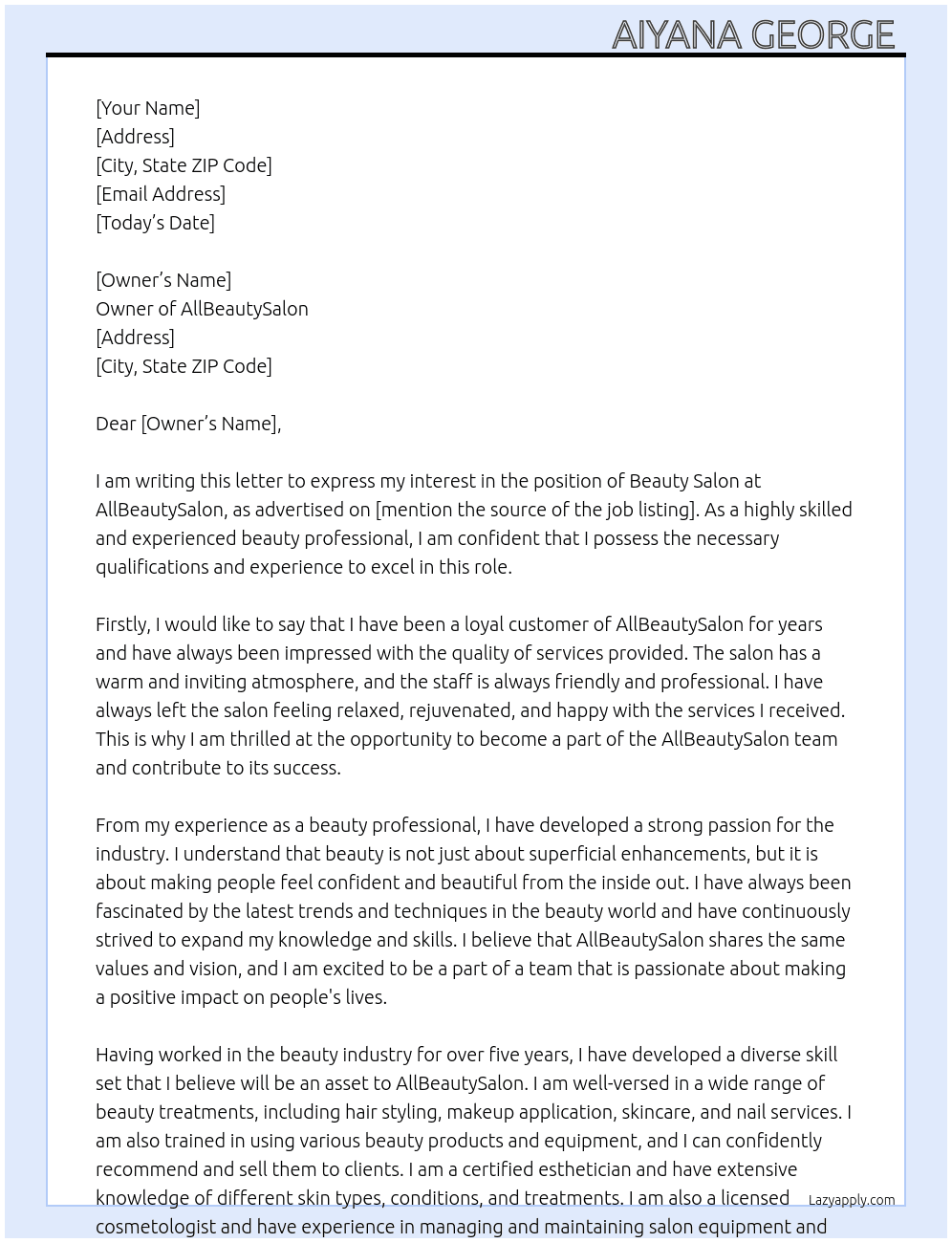 Beauty Salon  At AllBeautySalon Cover Letter