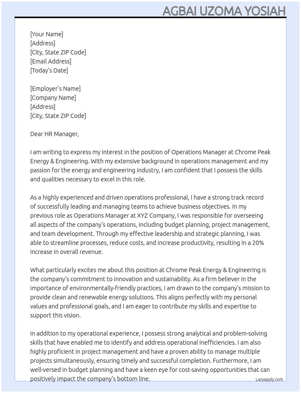Operations Manager At Chrome Peak Energy & Engineering Cover Letter