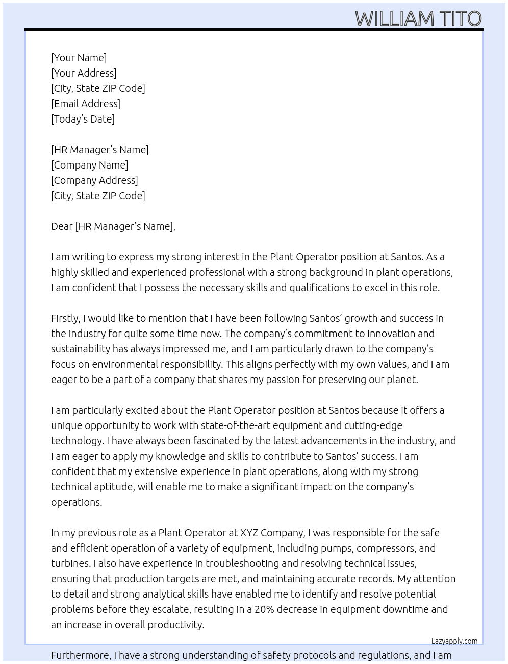 Plant operator At Santos Cover Letter