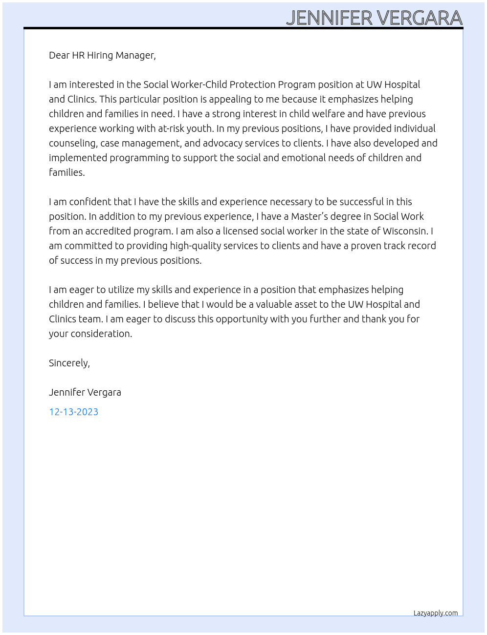 Social Worker-Child Protection Program At UW Hospital and Clinics Cover Letter