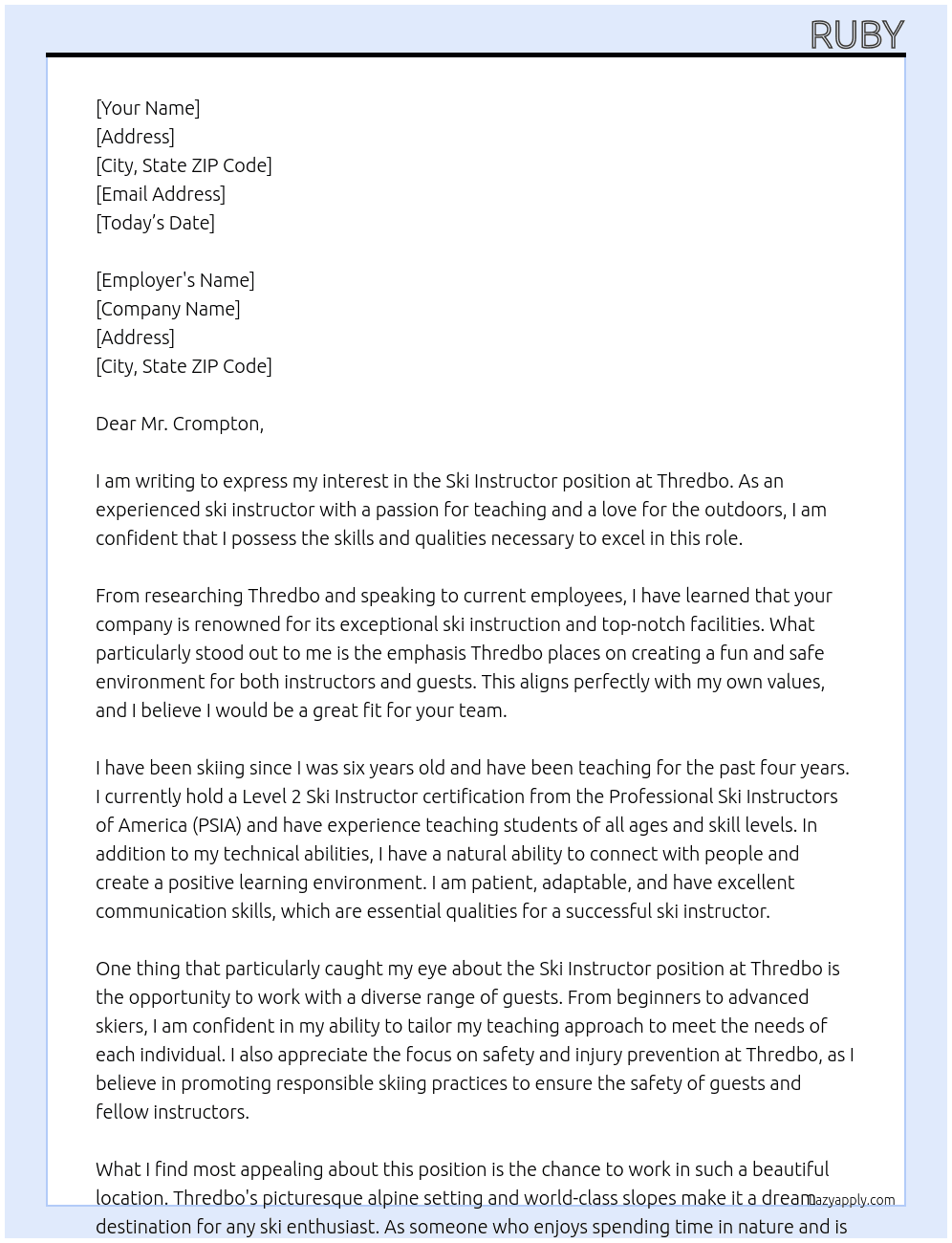 ski instructor At Thredbo Cover Letter