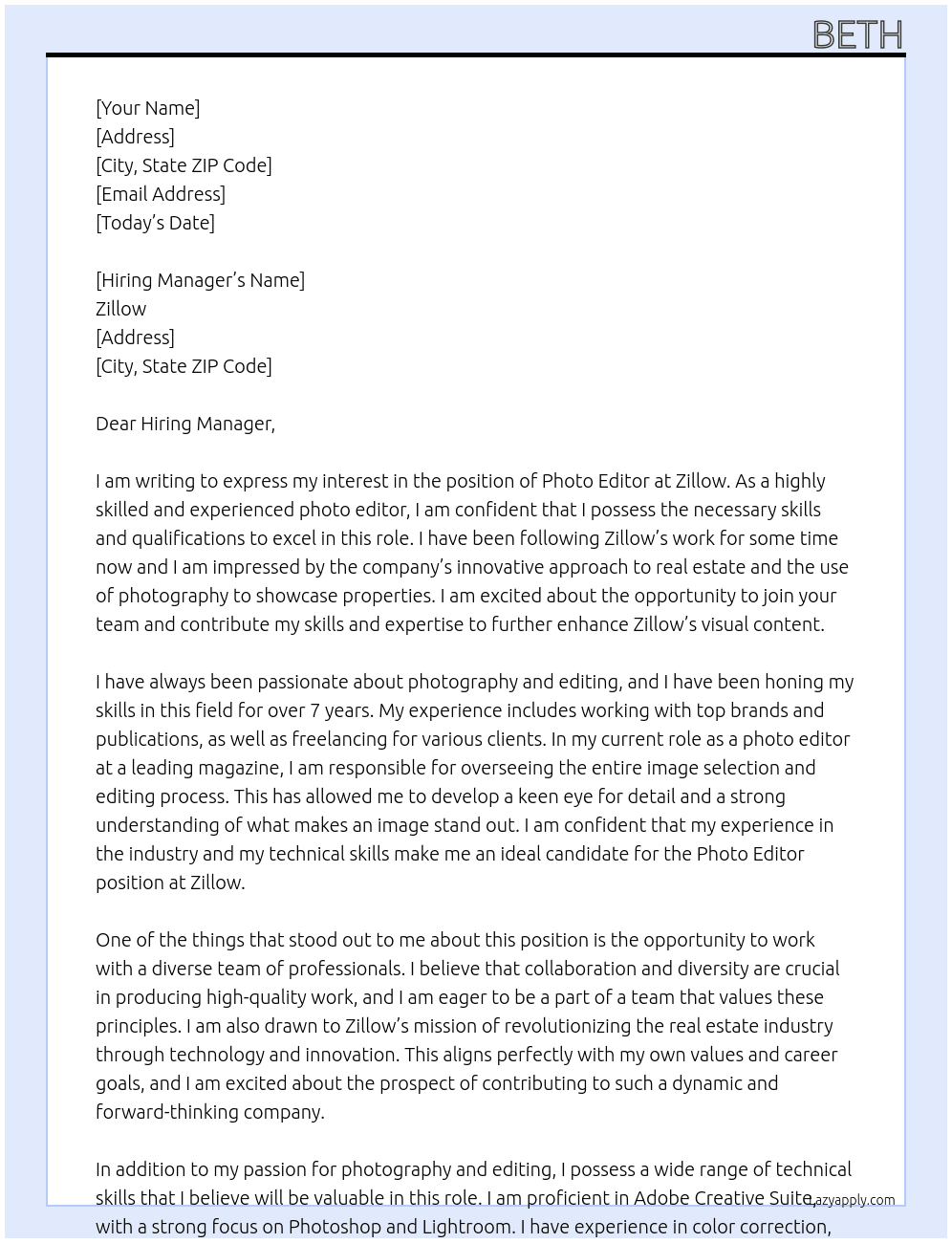 Photo editor At Zillow Cover Letter