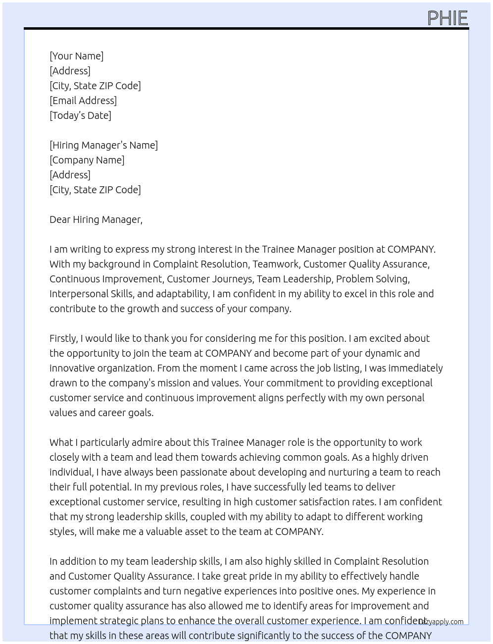 Trainee Manager  At COMPANY Cover Letter