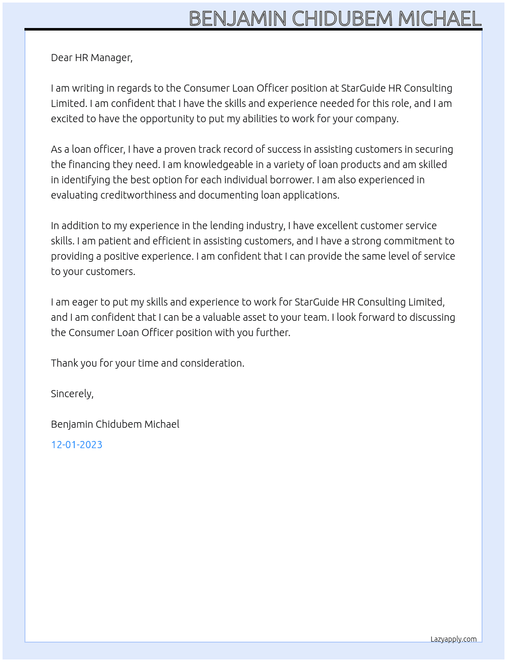 consumer loan officer At StarGuide HR Consulting Limited Cover Letter