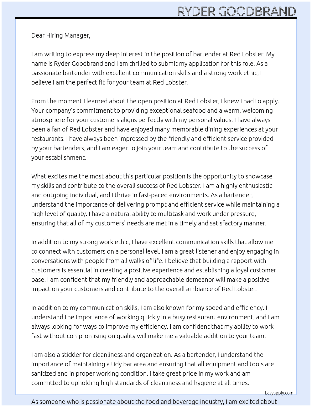 Application for bartender at - Red Lobster At Red Lobster Cover Letter