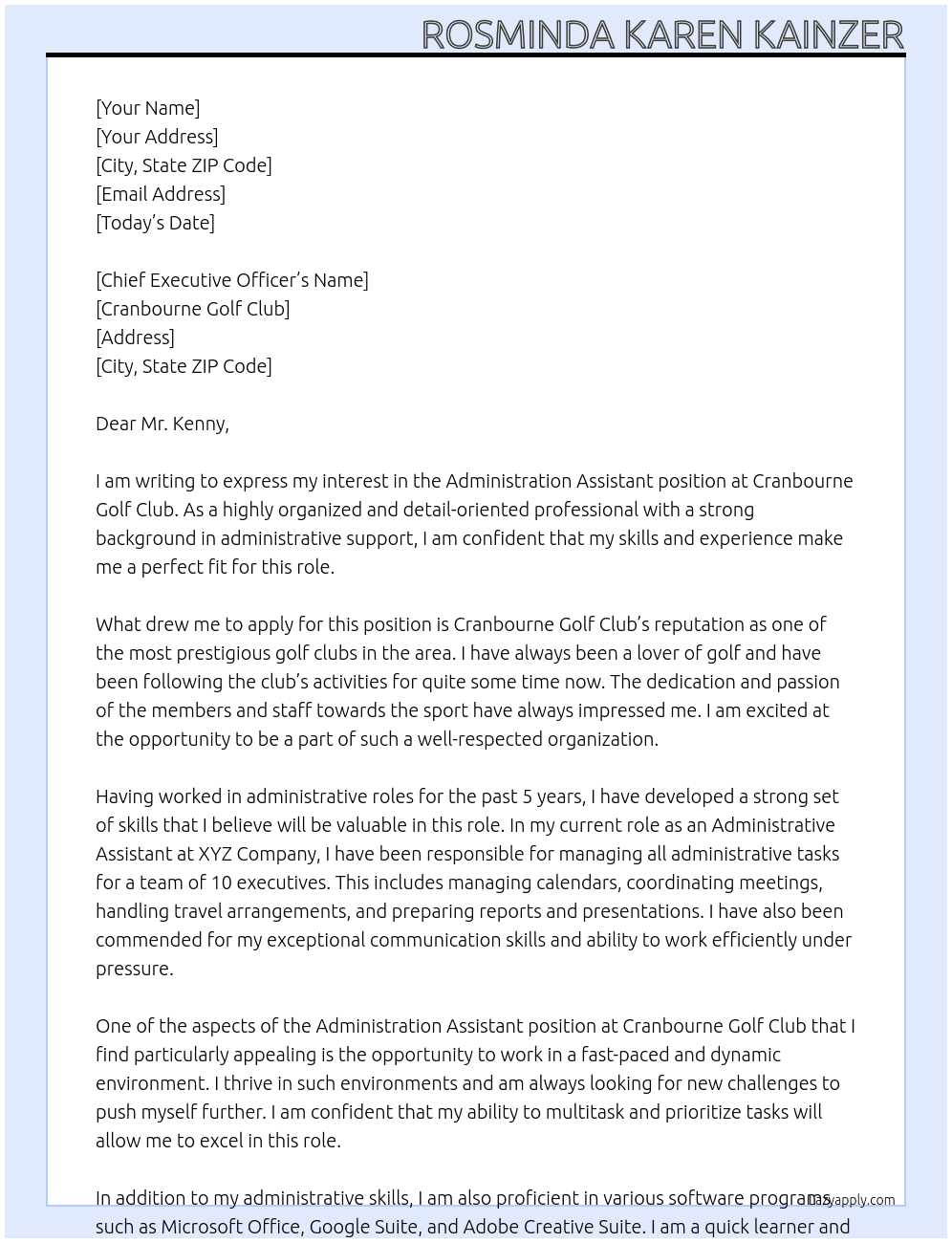 Administration Assistant At Cranbourne Golf Club Cover Letter