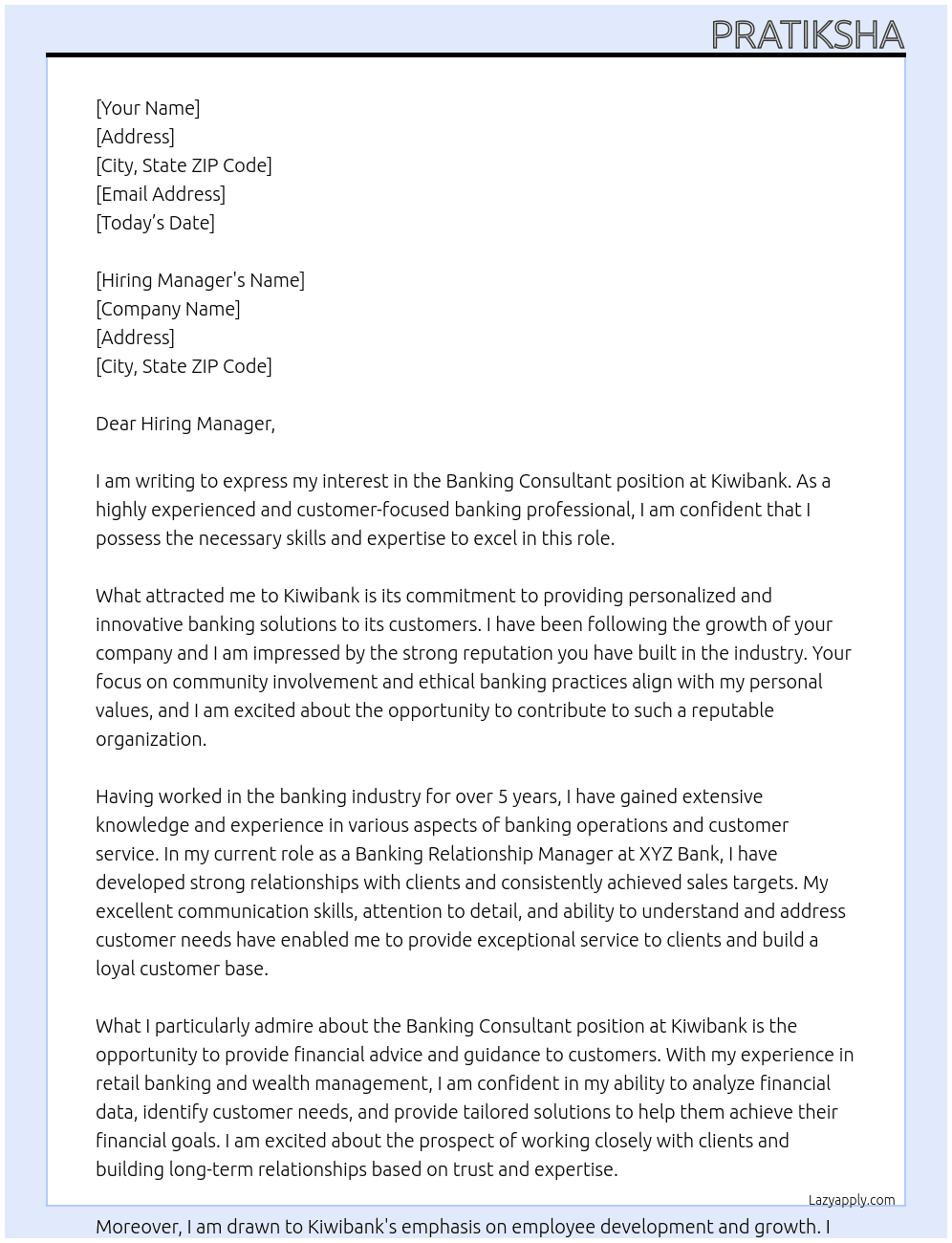 Banking Consultant At Kiwibank Cover Letter