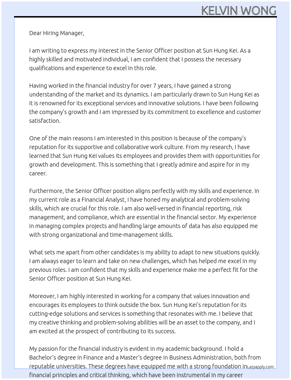 Senior Officer At Sun Hung Kei Cover Letter