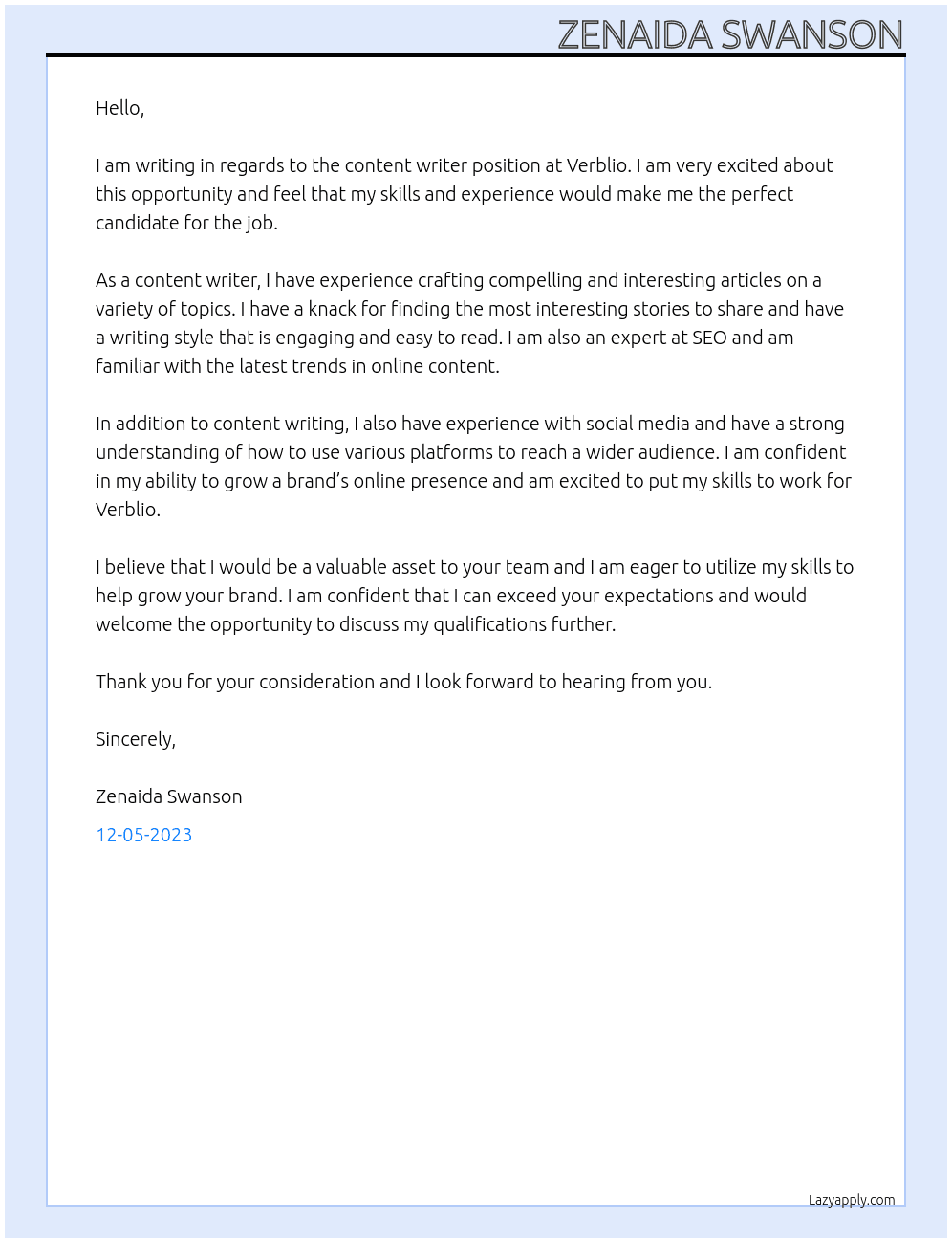 content writer At verblio Cover Letter