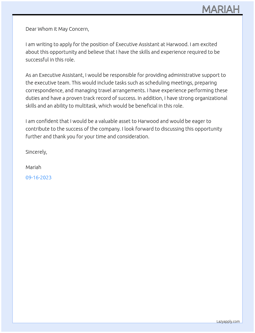 Executive Assistant  At Harwood Cover Letter