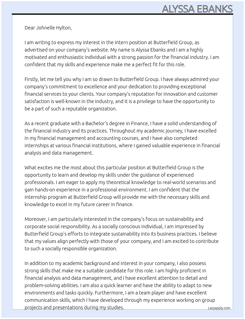 Intern At Butterfield Group Cover Letter