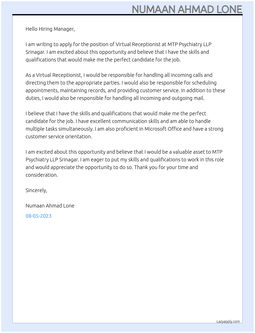 Virtual Receptionist  At MTP PSYCHIATRY LLP SRINAGAR  Cover Letter