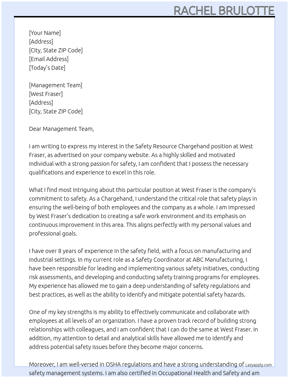 Safety Resource Chargehand At West Fraser Cover Letter