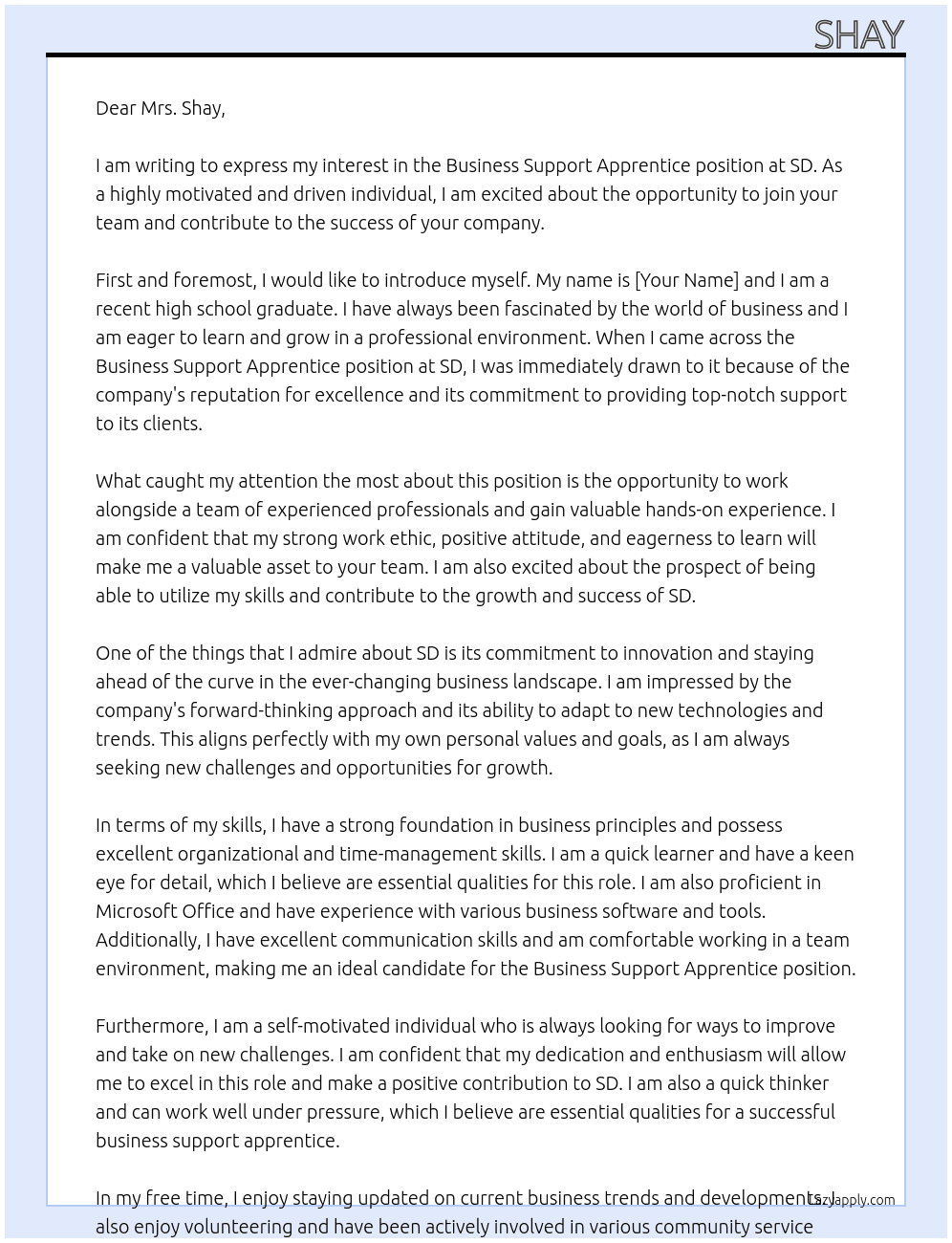 Buisness Support Apprentice At sd Cover Letter