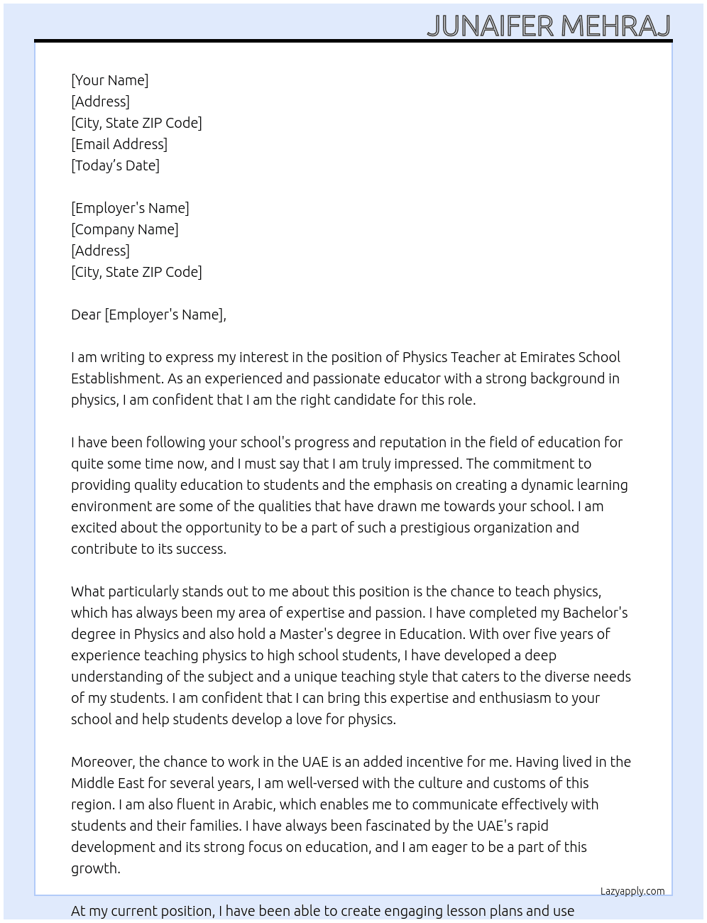 Physics teachet At Emirates school rstablishment Cover Letter