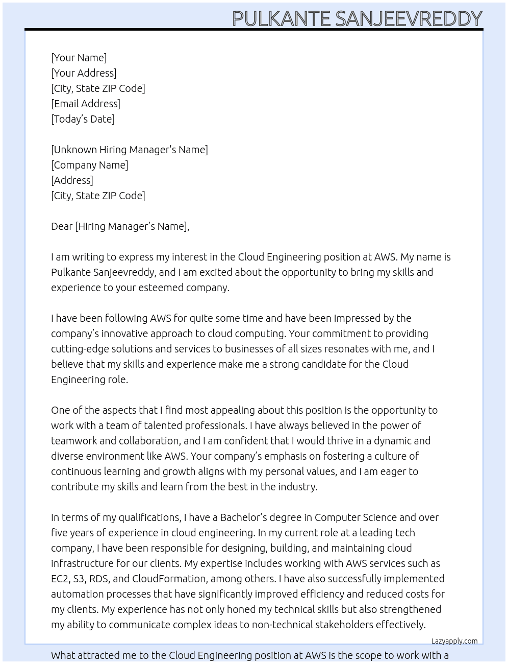 Cloud engineering  At Aws  Cover Letter