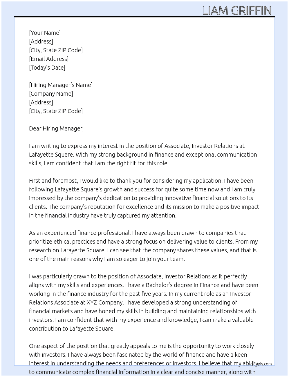 Associate, Investor Relations At Lafayette Square Cover Letter