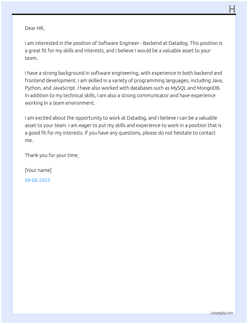 Software Engineer - Backend At Datadog Cover Letter