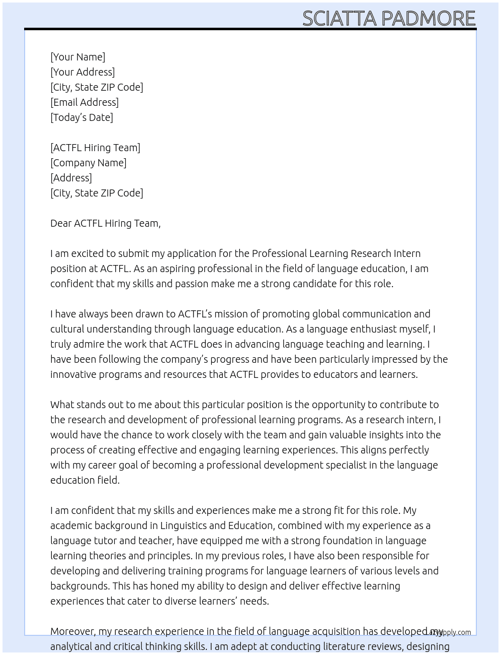 Professional Learning Research Intern At ACTFL Cover Letter