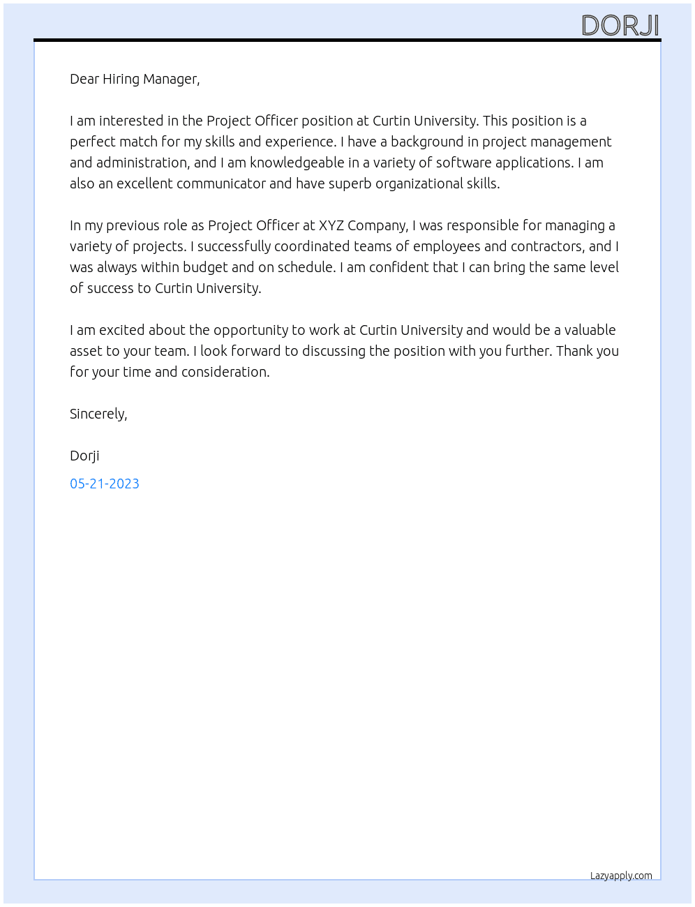 Project officer At Curtin University  Cover Letter