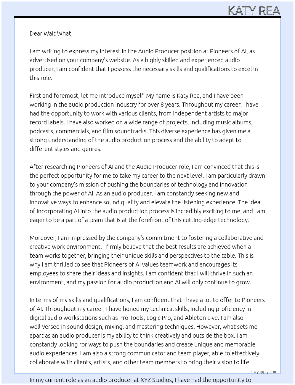 Audio Producer At Pioneers of AI Cover Letter