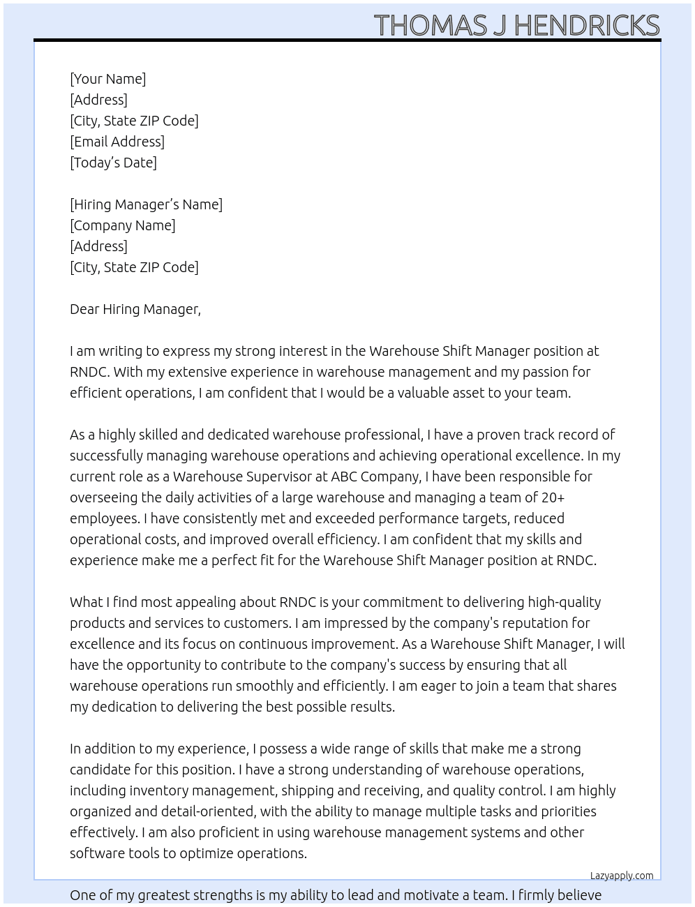 Warehouse Shift Manager At RNDC Cover Letter