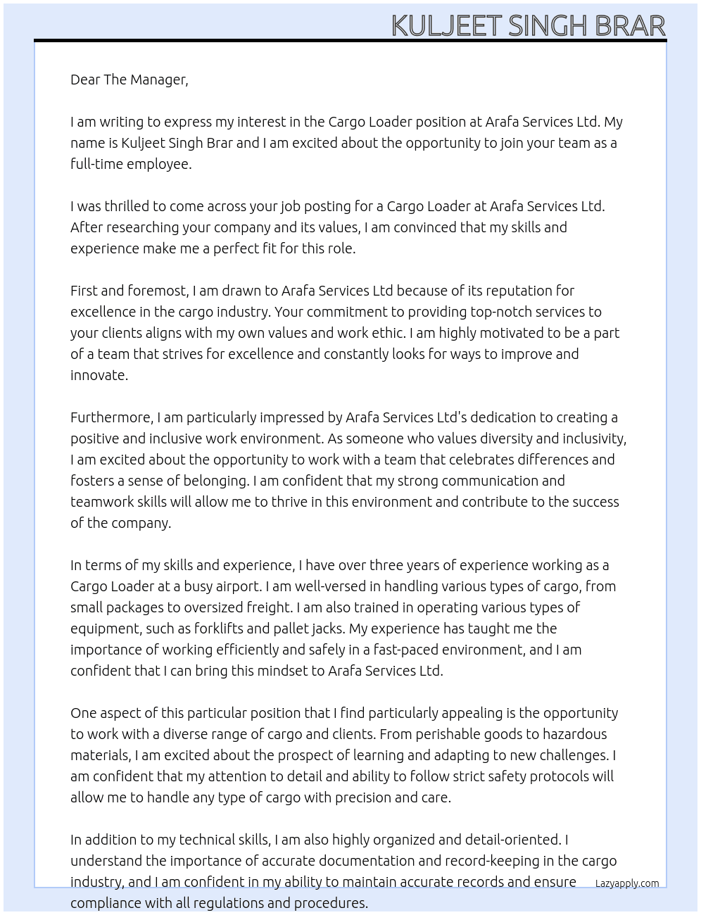 CARGO LOADER At ARAFA SERVICES LTD Cover Letter