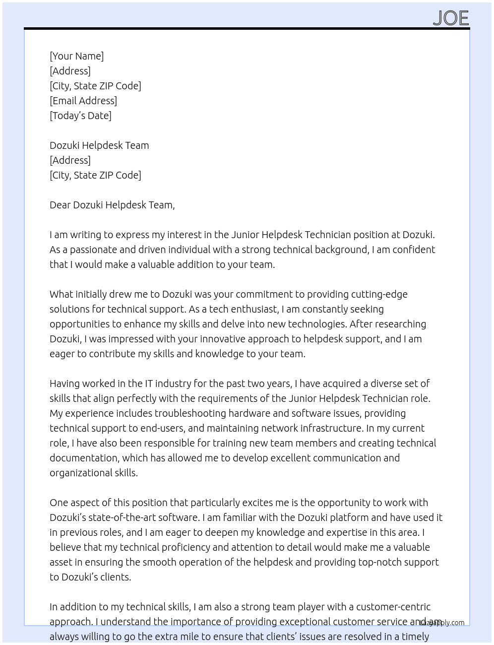 Junior Helpdesk Technician At Dozuki Cover Letter