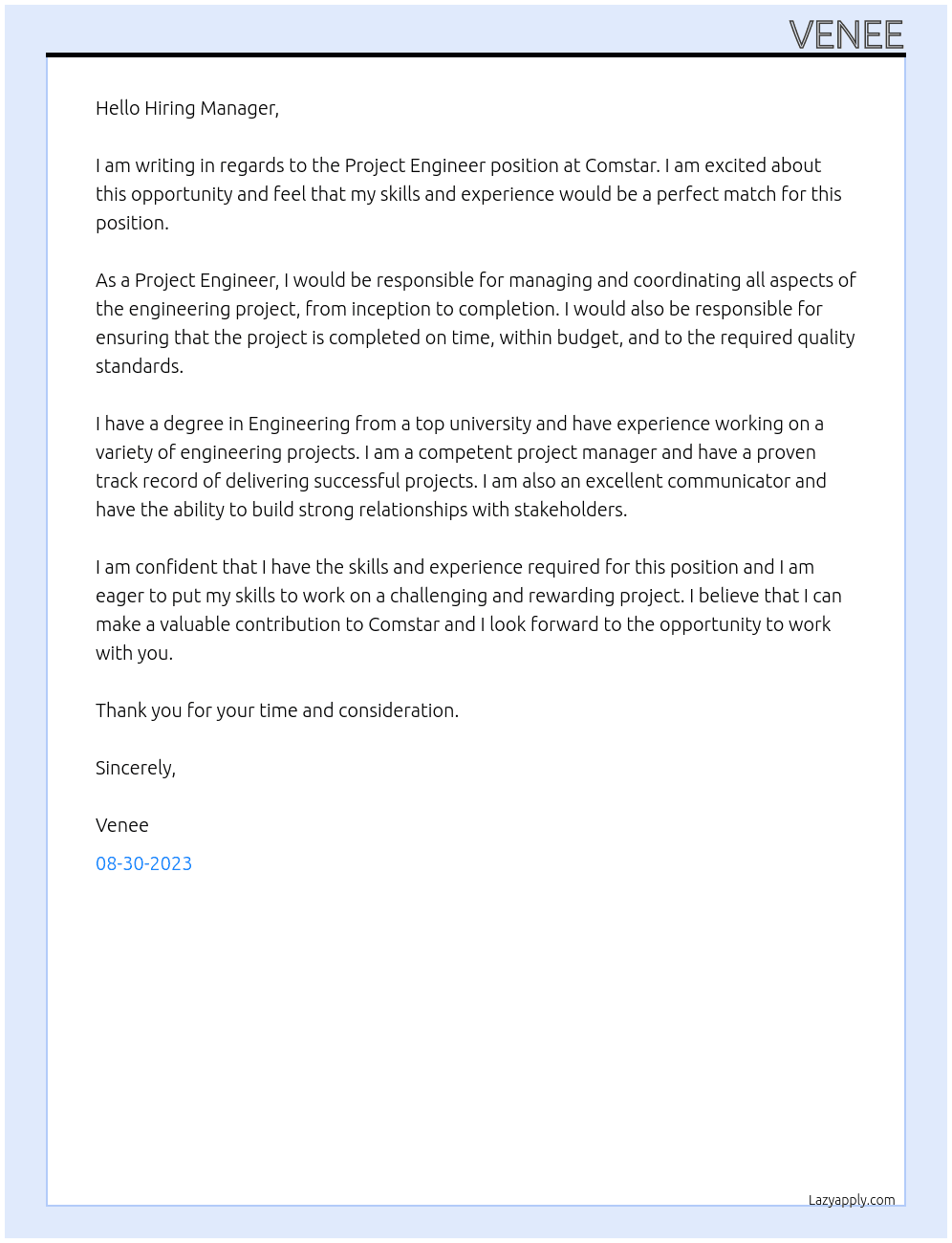 Project Engineer At Comstar Cover Letter