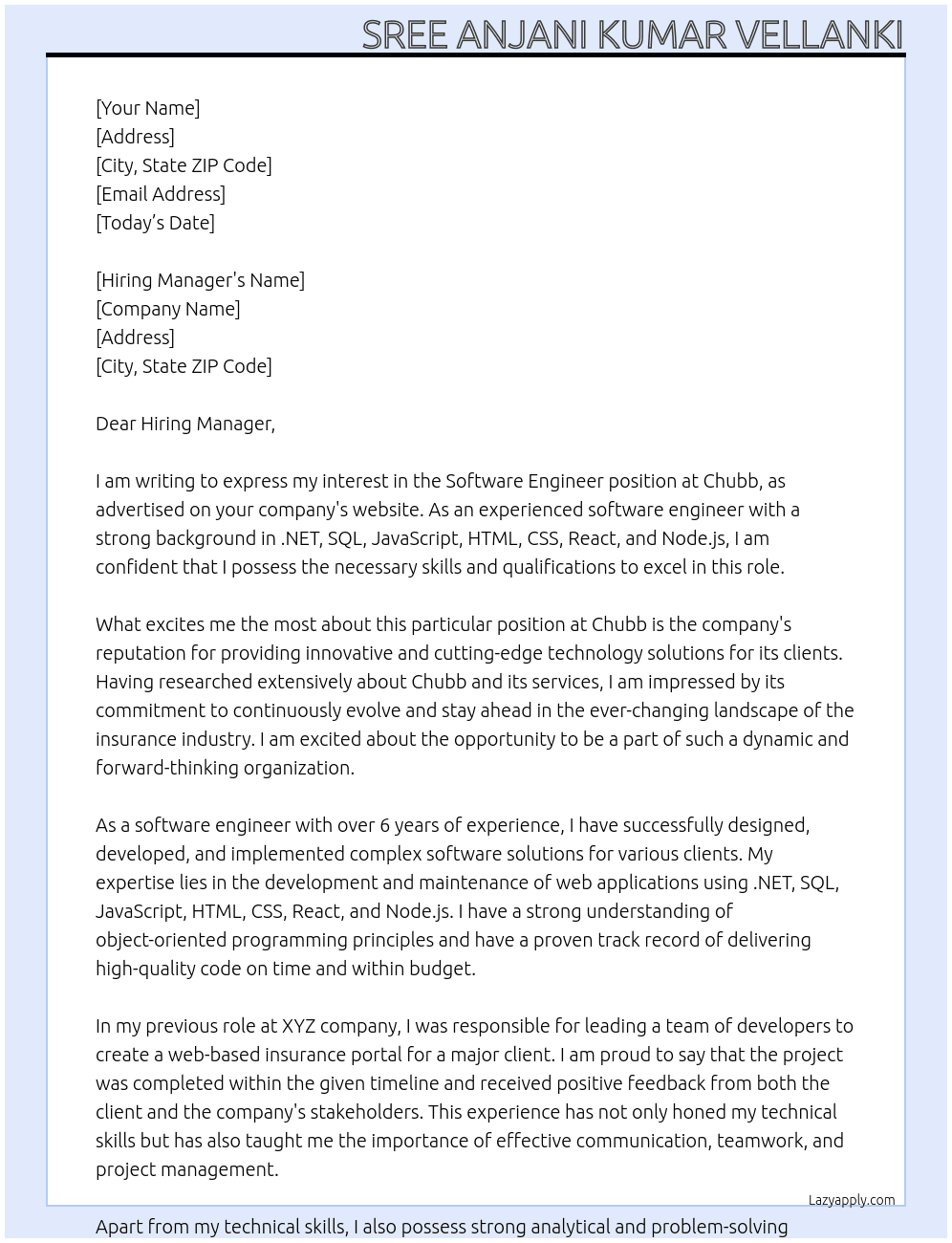 Software Engineer At Chubb Cover Letter