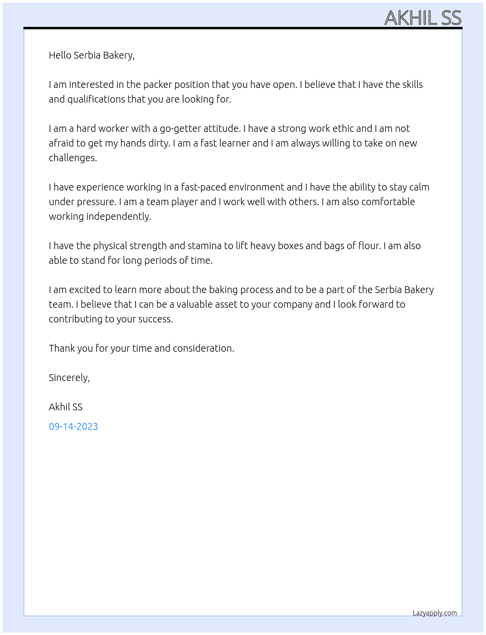 packer At serbia bakery Cover Letter