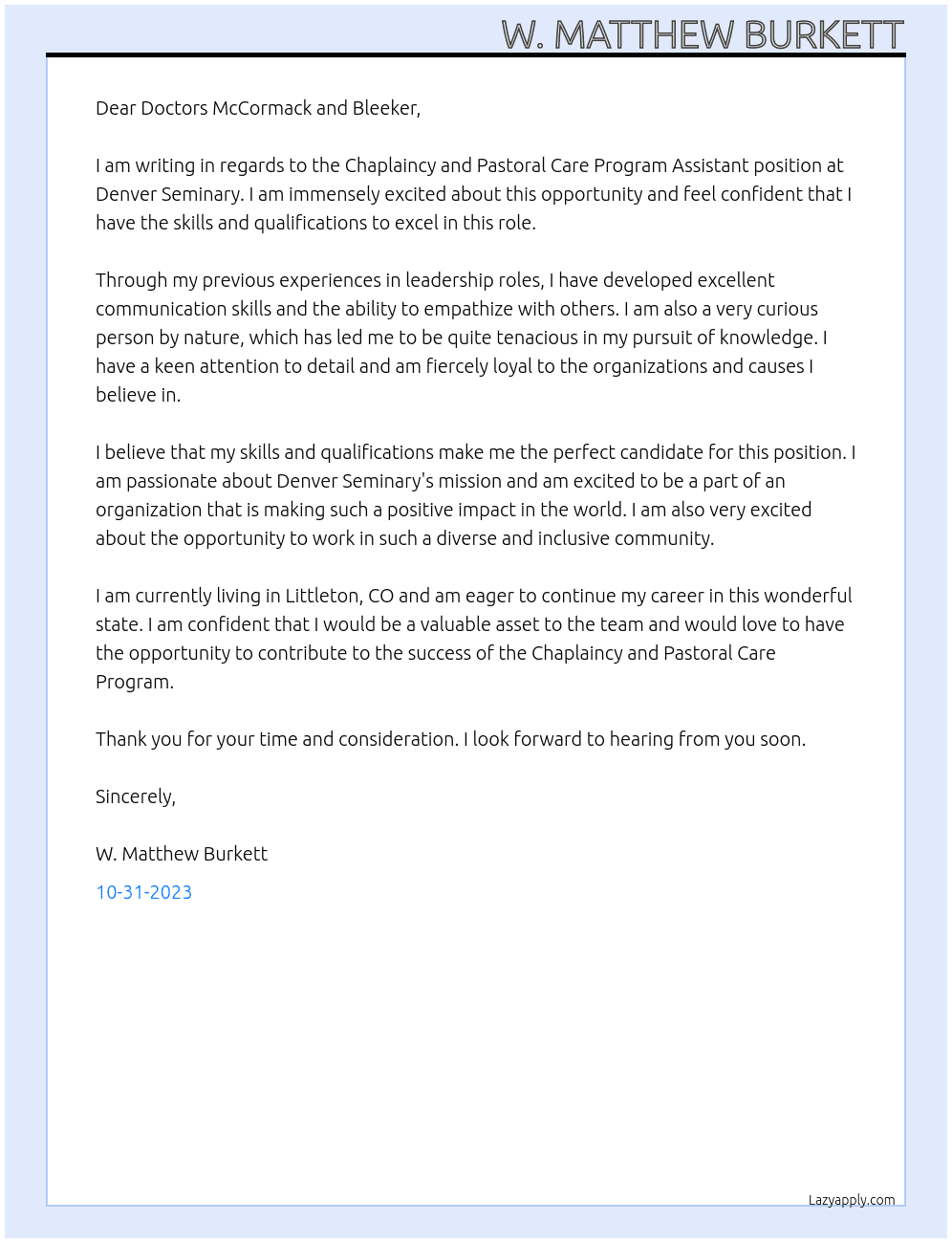 Chaplaincy and Pastoral Care Program Assistant At Denver Seminary Cover Letter