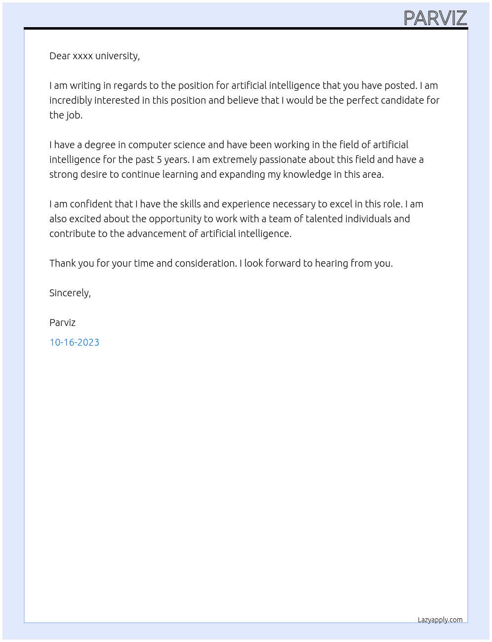 artificial intelligence At xxxx university Cover Letter