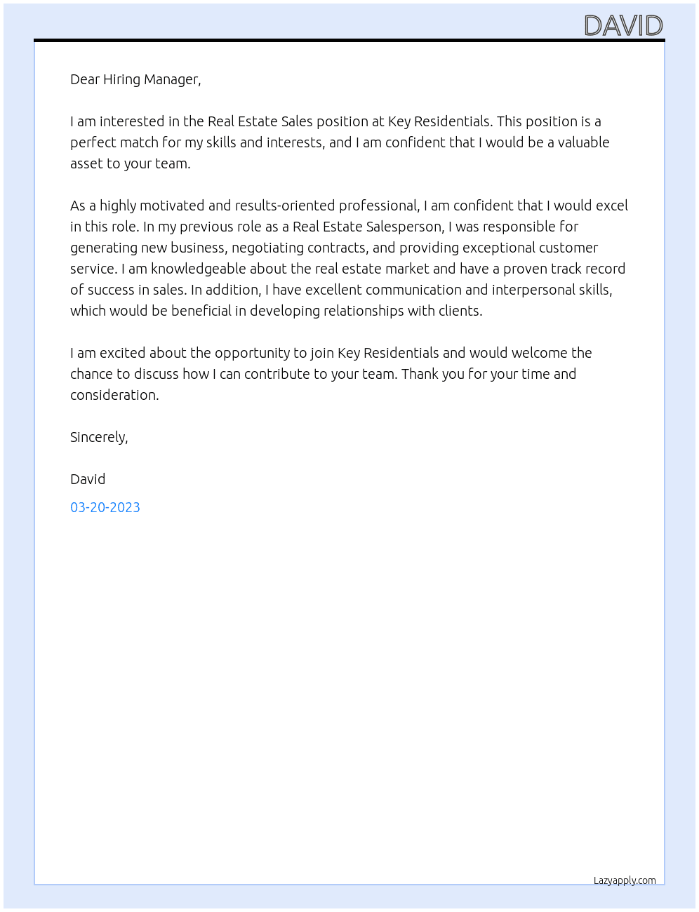 Real Estate Sales At Key Residentials Cover Letter