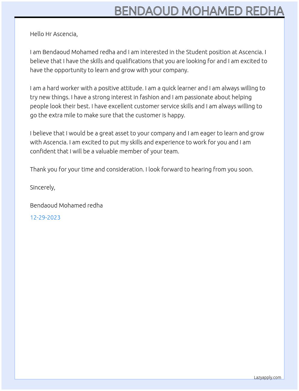 Student  At Ascencia Cover Letter