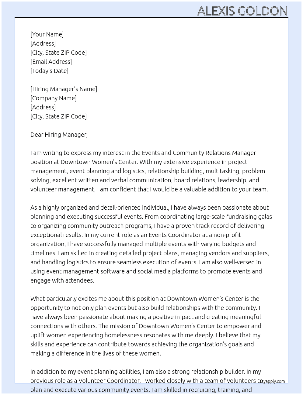 Events and Community Relations Manager At Downtown Women's Center Cover Letter