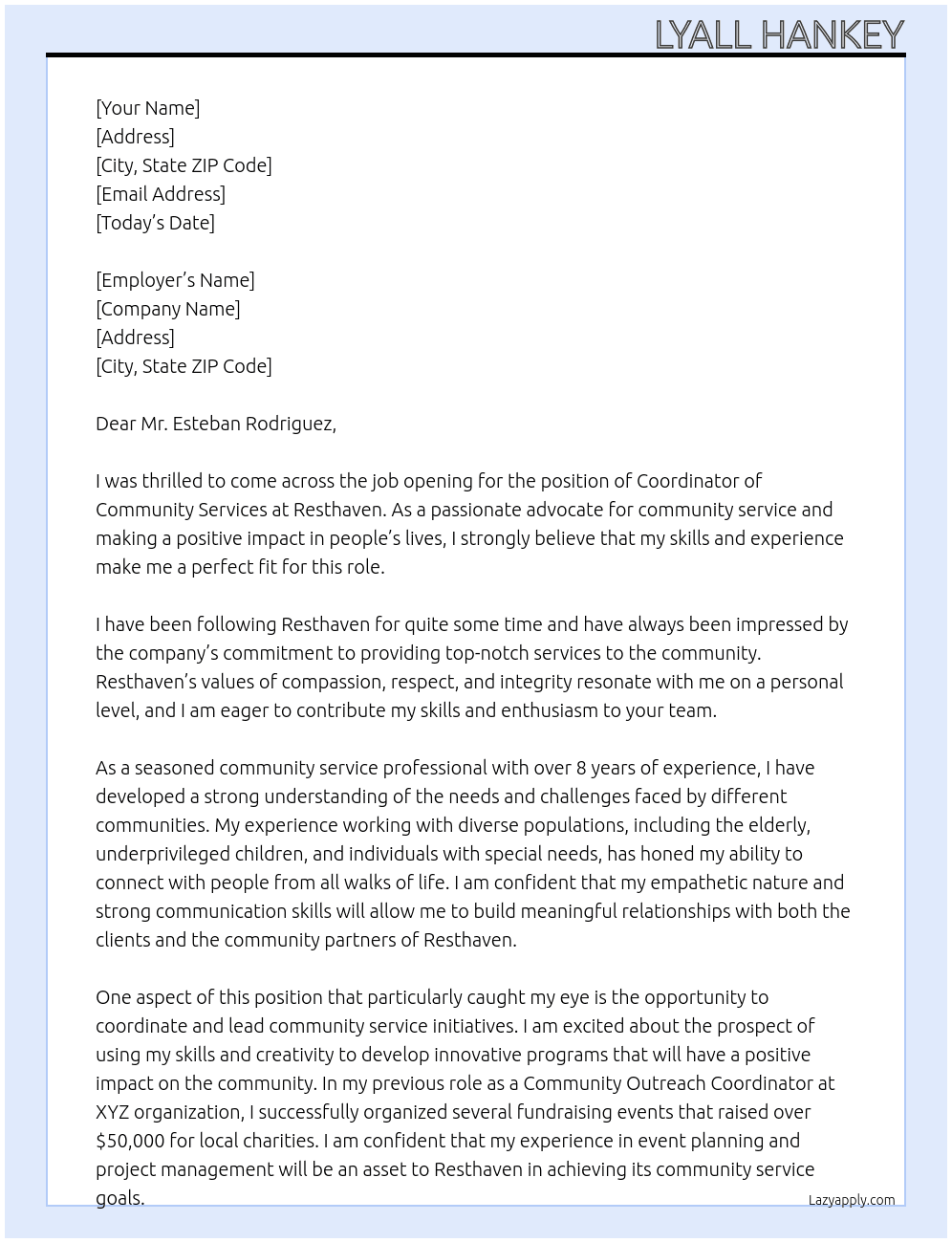 Coordinator Community services  At Resthaven Cover Letter