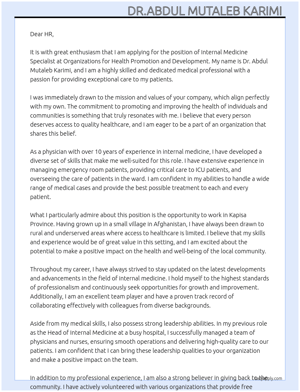 Internal medicine specialist  At Organizations for health promotion and development  Cover Letter