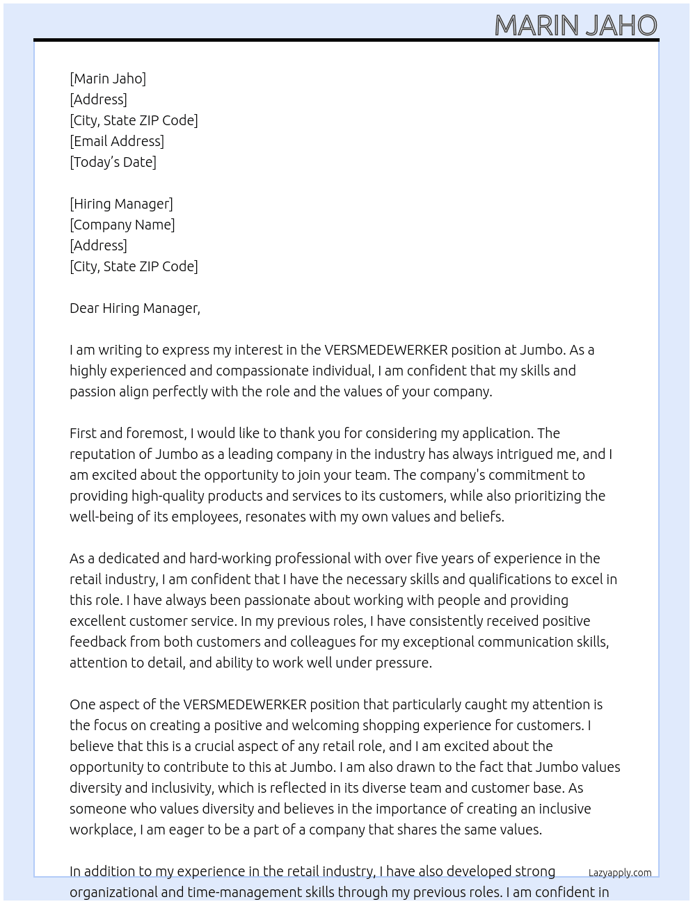 VERSMEDEWERKER At Jumbo Cover Letter