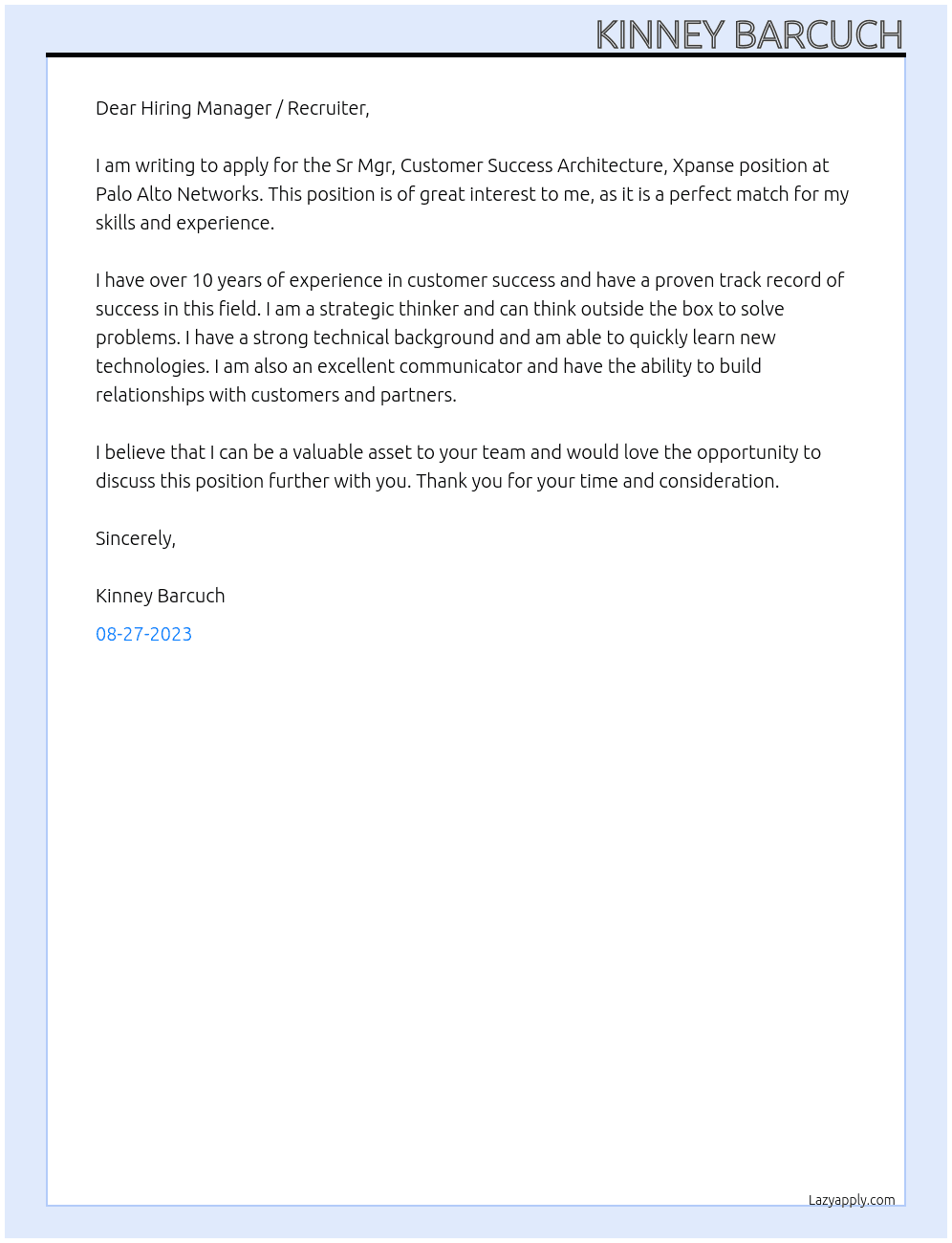 Sr Mgr, Customer Success Architecture, Xpanse At Palo Alto Networks Cover Letter