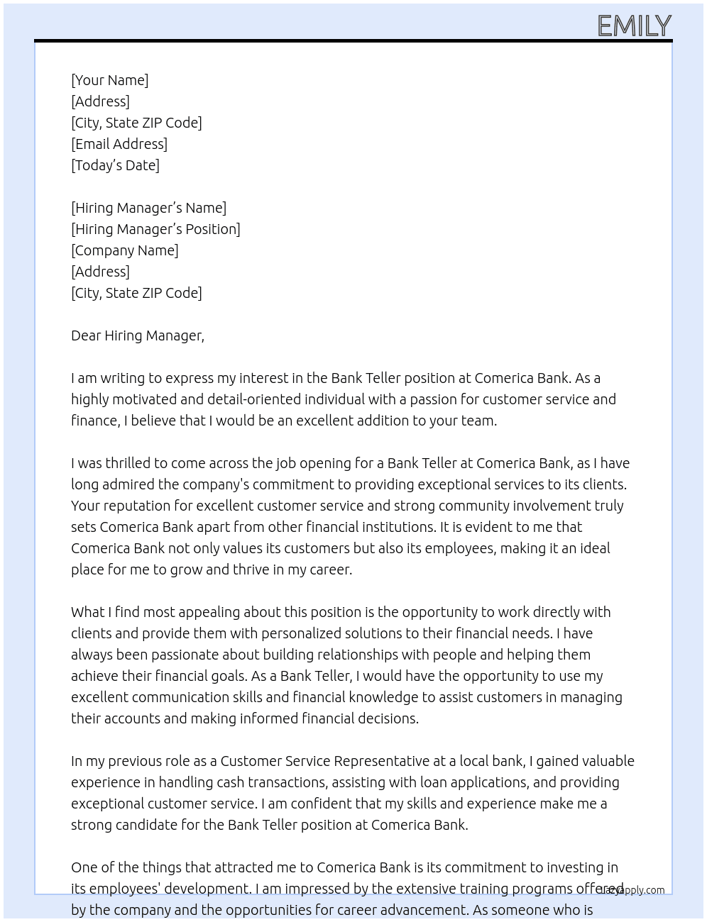 Bank Teller At Comerica Bank  Cover Letter