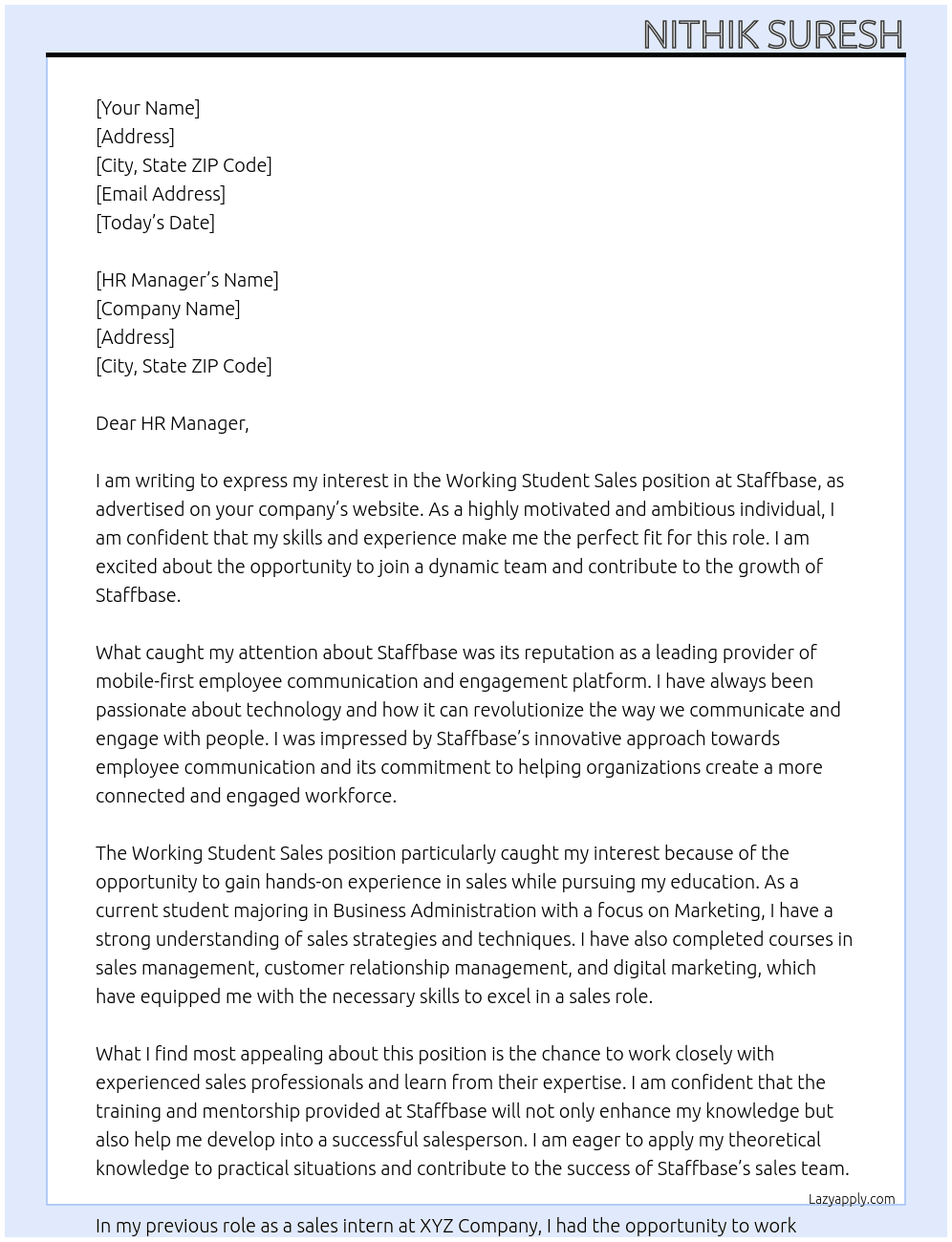 Working Student Sales At Staffbase Cover Letter